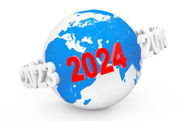 Poster - New Year Concept. 3d number 2024 around Earth Globe. 3d Rendering