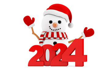 Poster - Snowman in Santa Claus Hat Character Mascot with New Year 2024 Sign. 3d Rendering