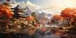 Illustration Beautiful autumn in the Chinese village. Generative AI