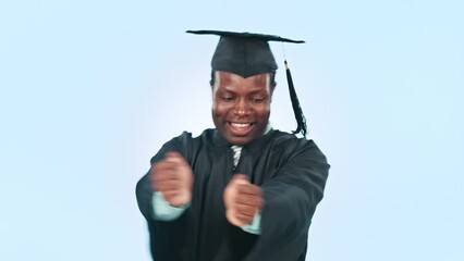 Sticker - Happy, graduation and black man dance in studio celebration for learning success on blue background. Education, university and male student excited for funding, scholarship or loan approval news