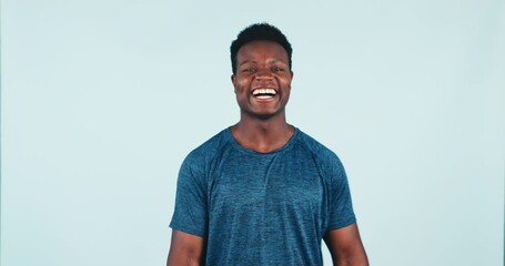 Canvas Print - Happy, fitness and black man flexing arms in studio for muscle, strength and body building training. Smile, sports and young African male personal trainer showing biceps isolated by white background.