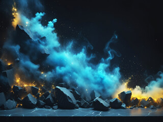 Wall Mural - dark rock podium display background with smoke and sparks