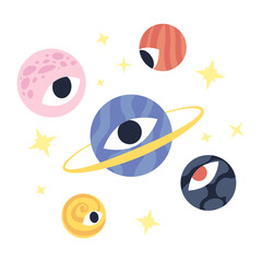 Poster - Groovy planets with eyeball 2D illustration concept. Trippy eye planets cosmic space isolated cartoon scene, white background. Cosmos vision. Psychedelic galaxy metaphor abstract flat vector graphic