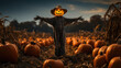 Scary scarecrow figure with a carved pumpkin head stands amidst a field of vibrant orange pumpkins, creating an eerie and festive autumn scene. Spooky Halloween on pumpkin patch.
