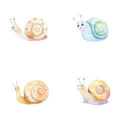 set of cute snail watercolor illustrations for printing on baby clothes, sticker, postcards, baby showers, games and books, safari jungle animals vector