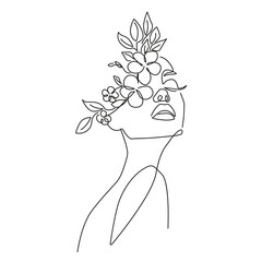 Wall Mural - Woman Face with Flowers Line Art Vector Drawing. Style Template with Female Head with Flowers. Modern Minimalist Simple Linear Style. Beauty Fashion Design 