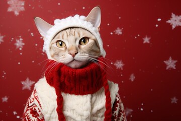 Wall Mural - ocicat cat wearing a snowman outfit against a burgundy red background