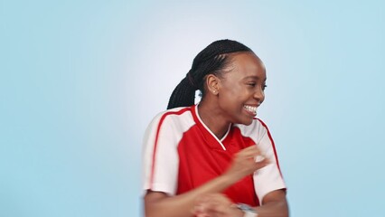 Poster - Dance, happy and face of woman athlete in a studio in celebration for match, game or tournament win. Smile, move and portrait of young African female soccer player winner isolated by white background