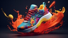 A Colorful Splashing Suspended Sneaker Shoes On A Black Background, A Classic And Elegant Stylish Fashion Footwear Boots