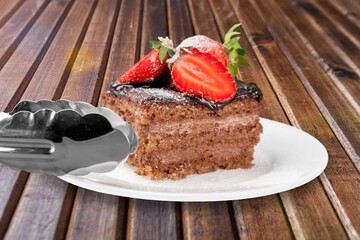 Canvas Print - A piece of chocolate tasty sweet cake with cream