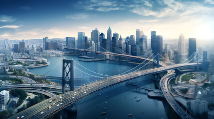Wall Mural - Bridges connecting different financial districts across a sprawling cityscape, symbolizing mergers, acquisitions, and business integrations