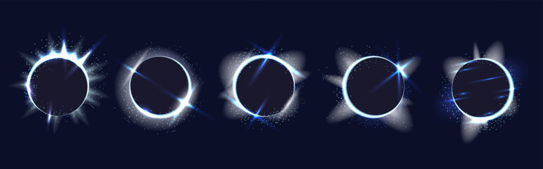 Poster - Set of glowing silver rings with light, stars and blinks around, five round picture frames, vector decorative graphics with realistic light effects.