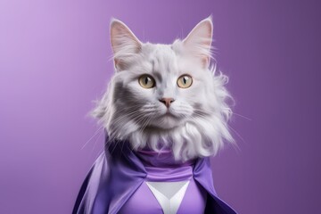 turkish angora cat wearing a superhero costume against a lilac purple background