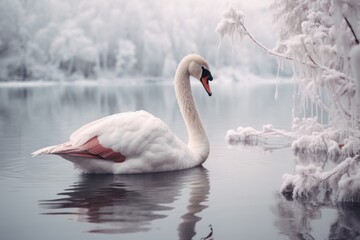 graceful alone white swan on snow lake with ice in winter day