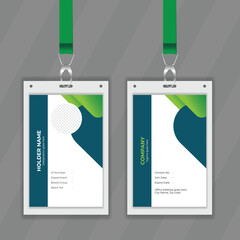 Poster - Vertical stylish information card design with organic shape. Colorful office stationery design with green color also white background. Double sided office stuff ID card design with geometric shape. 