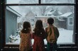 © starush - Three children looking out the window at snow falling. AI