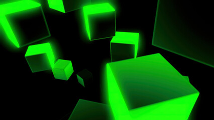 Poster - Abstract 3d cubes creating effect of a spiral on a black background. Design. Green 3D geometric shapes.