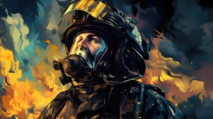 Canvas Print - A painting of a fireman in a gas mask, AI