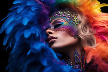Portrait Of Young LGBTQ  Man Enjoying Carnival Party. Queer Person With Fantasy Makeup And Colorful Feathers In The Brazilian Carnival Parade.