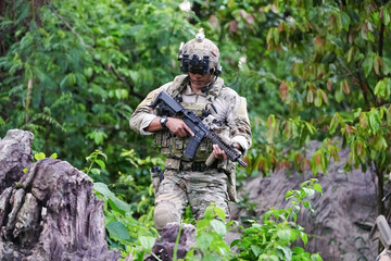 Wall Mural - Military army soldiers tactical team, commando group moving cautiously in forest area, kneeling and looking around, covering comrades, controlling sectors. Commander showing halt or stop hand signal