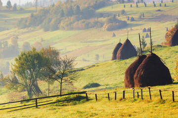Wall Mural - mountainous rural landscape with haystacks behind the fence on the field. countryside scenery with r