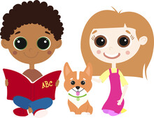 Happy Cute Kindergarten Children With Dog Sitting On The Floor And Smiling. Vector Illustration Of Toddlers At Primary School. Primary School Students Cartoon Illustration. Reading Children With Book