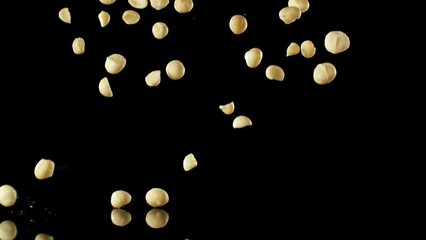 Poster - Super Slow Motion of Falling Macadams Nuts with Reflection. Isolated on Black Background. Filmed on High Speed Cinema Camera, 1000fps.