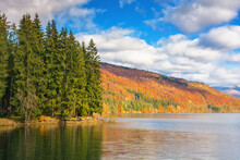 Forest In Bright Fall Colors On The Shore Of A Lake. Clouds On The Blue Sky. Reflections On The Rippled Water Surface. Mountainous Landscape On A Sunny Day