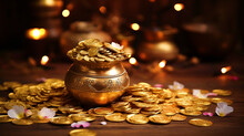 Happy Dhanteras Background With Golden Pot And Gold Coins - Ai Generative