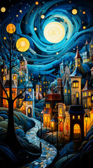 Sticker - Image of city at night with full moon.