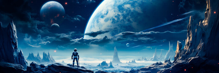 Canvas Print - Man standing on top of mountain next to giant blue planet.