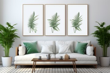 Canvas Print - Living room with couch, coffee table and two images on the wall.