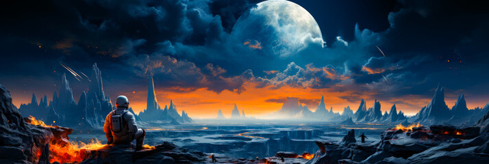 Wall Mural - Image of landscape with mountains and full moon.