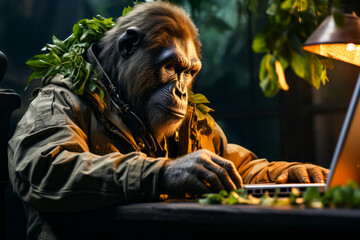 Poster - Chimpan sitting at table with laptop.