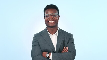 Poster - Black man in business, arms crossed and face with smile, corporate career and confidence on blue background. Entrepreneur, happy with job and pride, mockup space and expert professional in studio