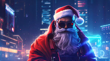 Epic Santa Claus Character In Cyberpunk Style. Night Light City Bokeh On Background. Retro Wave Vivid Colors.