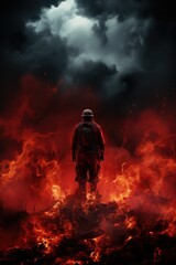 Canvas Print - A fireman in a protective suit standing on a hill with fire and smoke, AI