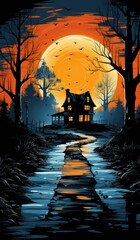 Canvas Print - Halloween night with a haunted house and a river, AI