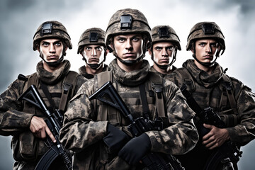 Wall Mural - Group of soldiers standing next to each other with guns.