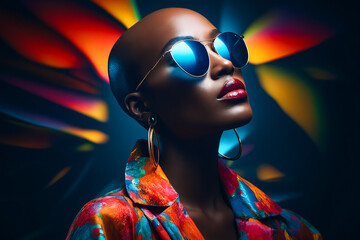 Wall Mural - Woman with blue sunglasses and colorful shirt on.