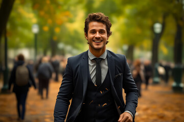 Poster - Man in suit and tie walking down street.