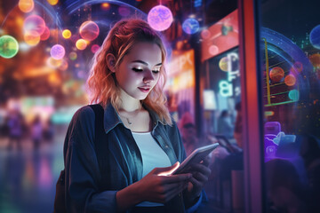 Beautiful young woman using phone on the street at night with colorful lights.