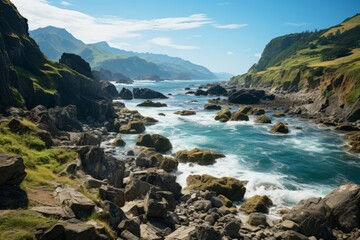 Wall Mural - Coastal landscape with waves crashing against rocky shores, Generative AI