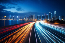 High Speed Urban Traffic On A City Highway During Evening Rush Hour, Car Headlights And Busy Night Transport Captured By Motion Blur Lighting Effect And Abstract Long Exposure Photography