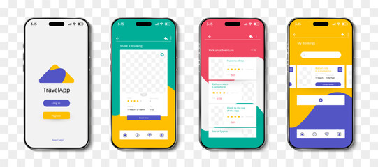 Leinwandbilder - Travel app template interface on smartphone screen with shadow. Travel app ui kit for responsive mobile app