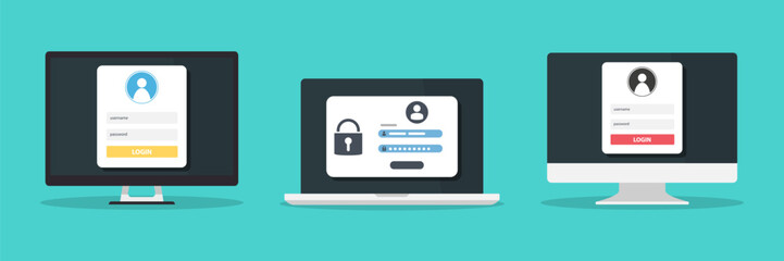 Poster - Login frame on device screen in a flat design. Verification login message on device screen