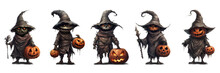 Set Of Halloween Cartoon Evil Characters Holding Pumpkin Lanterns. Scary Character In A Witch's Hat And Black Cloak With A Scary Face. Vector Isolated Illustration Created Using AI Generation