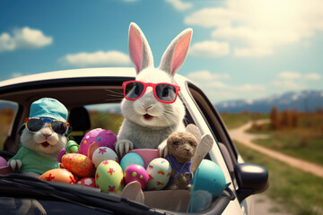 cute easter bunny with sunglasses looking out of a car filed with easter eggs