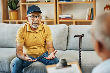 Wall Mural - Doctor, consultation and senior man on sofa in therapy with walking stick or counselling discussion with psychology checklist. Elderly patent, talking or therapist for anxiety or mental health stress