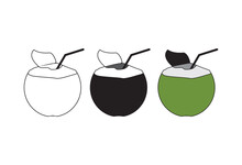 Collection Of Coconut Drink Icon Vector Illustration In 3 Types, Black And White, Line, And Slightly Yellow Colored Tone. On Isolated White Background.